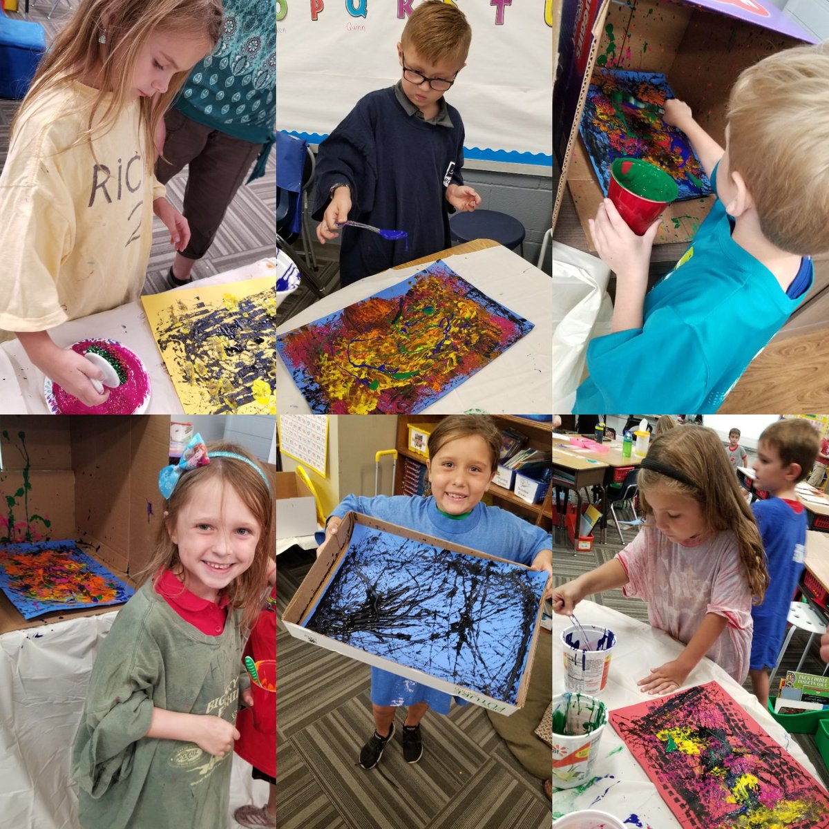CCLSNummela's tweet photo. First grade did art projects in the style of Jackson Pollock today! @CCLSChargers https://t.co/kjGR4IPac3