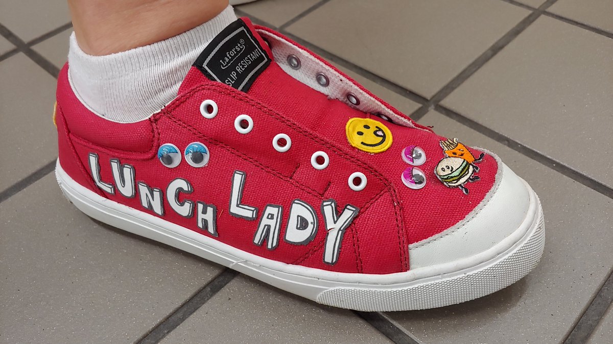 AGoughDeKalb's tweet photo. Cindy at @DeKalbCME made a special alteration to her uniform shoes and I am in love 😍 Lunch Lady Proud! #WeAreDeKalb #CindyROCKS https://t.co/99j56Bl0up