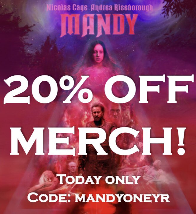 LegionMOfficial's tweet photo. One year ago today... Mandy was released! To celebrate, we are slashing the #crazyevil prices in the store on all #MANDY merch TODAY ONLY with discount code: MANDYONEYR (The Beast excluded) 👉🏼 https://t.co/sXMm9fXrxz https://t.co/fUJMmsMJvy
