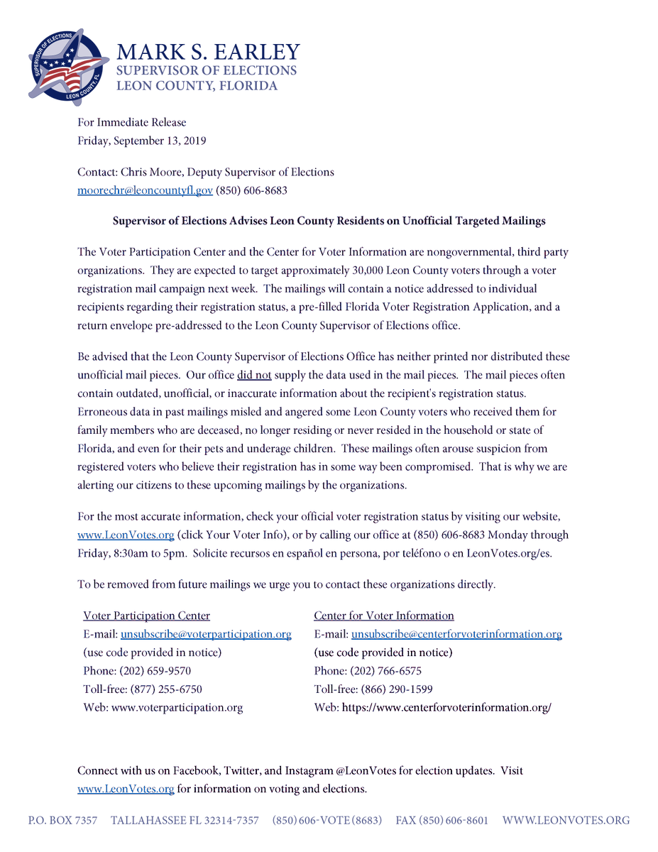 The Voter Participation Center &amp; Center for Voter Information 3rd party organizations are expected to target approximately 30,000 Leon County Voters through a voter registration mail campaign next week. Check your official voter registration status at LeonVotes.org