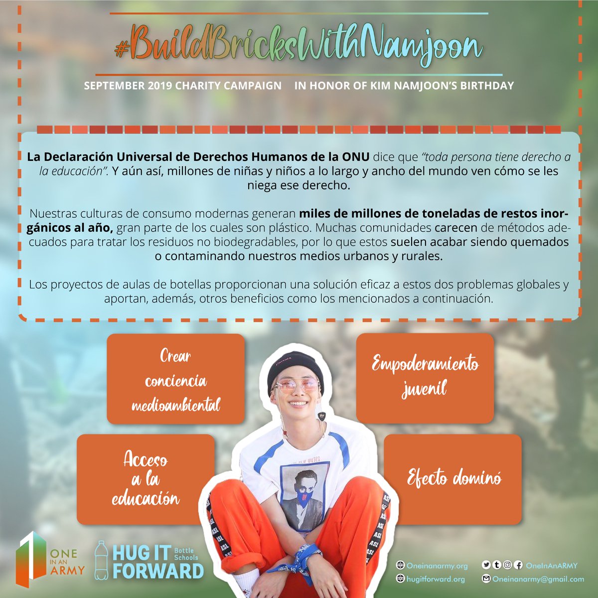 OneInAnARMY's tweet photo. 🐨Proyecto OIAA♻️
🎁Para nuestro líder Namjoon🎂
Ayudaremos a @HugItForward a sensibilizar a la población y dar a conocer los nuevos métodos de gestión de residuos construyendo aulas de botellas🏗♻️🏠
Dona➡️ https://t.co/Ju0XuPkRO5
Apoya usando #BuildBricksWithNajmoon 💜 https://t.co/jnJAT49GOF