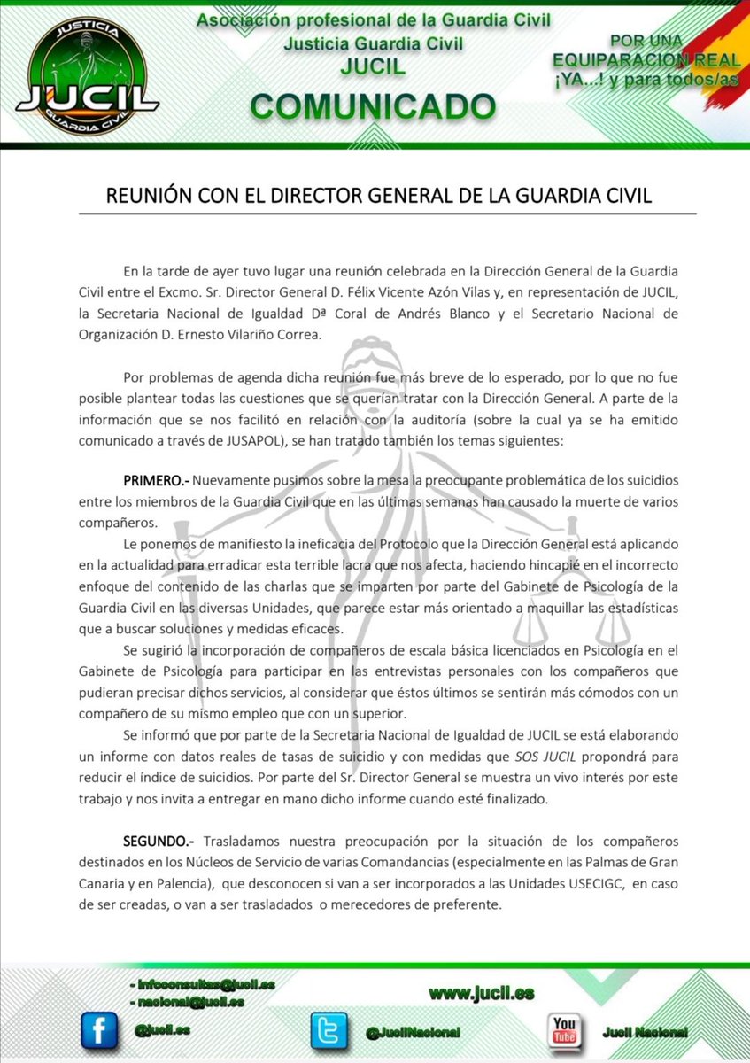 jucilnacional's tweet photo. Comunicado reunión Director General @guardiacivil

☑️Suicidios
☑️Núcleos de Reserva
☑️Comisiones de Servicio
☑️Orden General de destinos
☑️Sistema Ipecguci
☑️Vacantes de méritos
❎Participación en la mesa técnica del acuerdo

Luchando por ti compañero
#EquiparacionYa https://t.co/MQqgeiZl5w