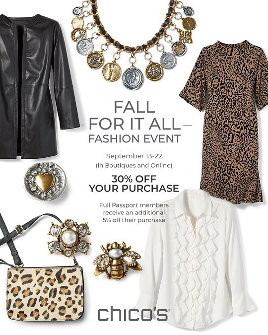 Are you ready to get your fall fashion on? 👗🍁🍂 @Chicos starting September 13, 2019 through September 22, 2019 is offering 30% off your purchase! Full passport members receive an additional 5% off! #fallready #fallfashiontrends #sale