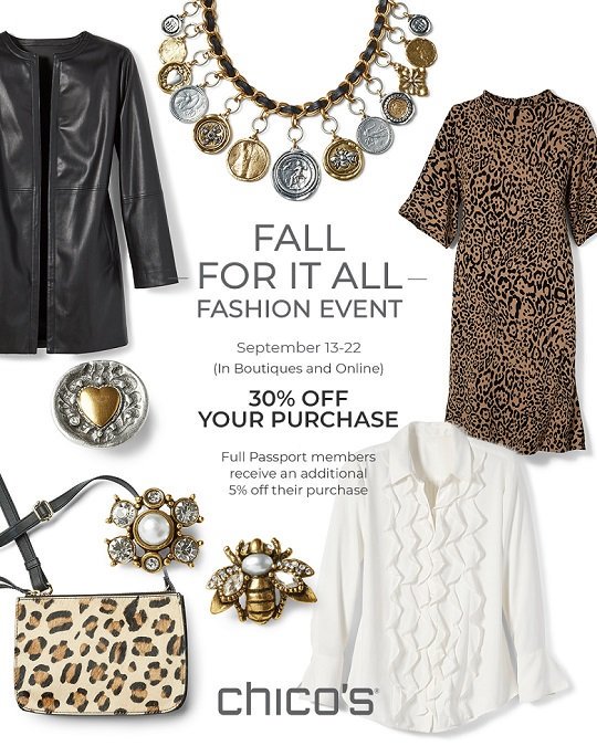 Are you ready to get your fall fashion on? 👗🍁🍂 <a href="/Chicos/">Chico's</a> starting September 13, 2019 through September 22, 2019 is offering 30% off your purchase! Full passport members receive an additional 5% off!  #fallready #fallfashiontrends #sale