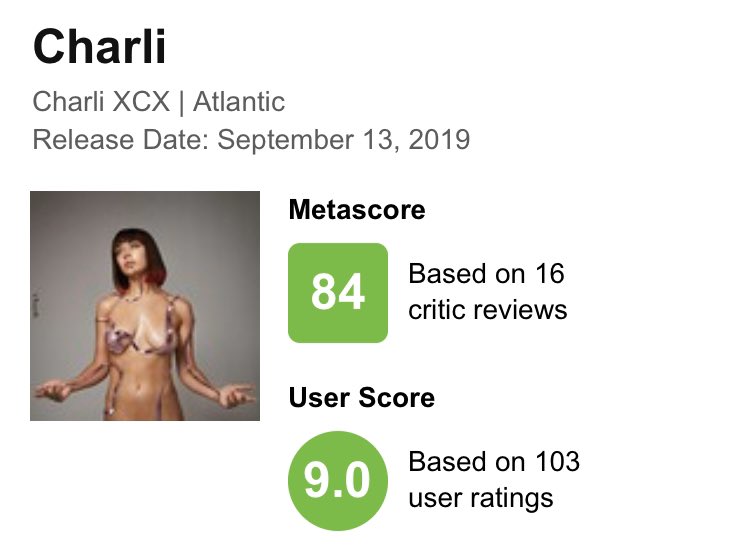 CharliChart's tweet photo. Agora com mais 9 críticas adicionadas, o metascore aumenta 2 pontos e o álbum conta com 16 críticas, todas positivas. https://t.co/jA5I7SScS0