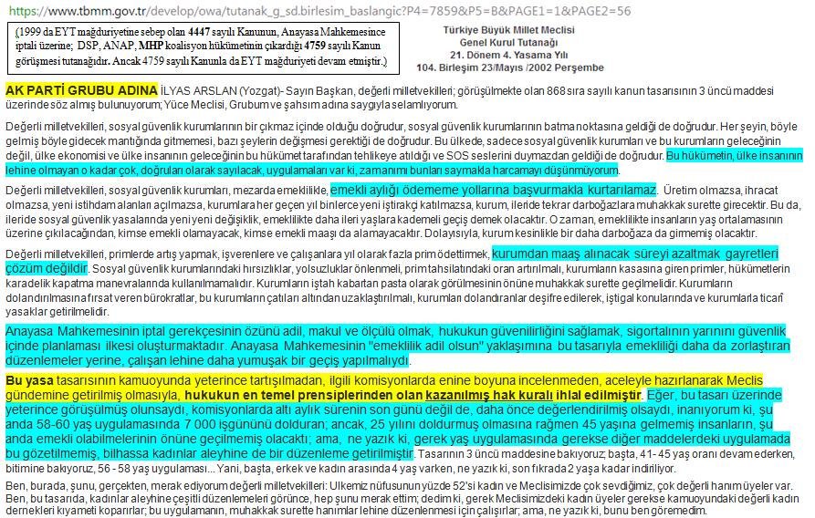 1) Sn. <a href="/vedatbilgn/">Vedat Bilgin</a> 

<a href="/Akparti/">AK Parti</a> 2002 yılında muhalefette iken #EYT'yi mağdur eden 4759 sayılı Yasayla "hukukun en temel prensiplerinden olan kazanılmış hak kuralı ihlal edilmiştir." demişti (ekte).

Lütfen #EYT çalışmasında Akparti'nin 2002'deki görüşünü Cumhurbaşkanına iletiniz.
