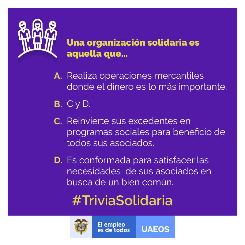 UsolidariaCo's tweet photo. Nuestros seguidores han estado muy pilos demostrando que realmente conocen el sector solidario y tú ¿qué tanto sabes? Demuéstralo respondiendo nuestra #TriviaSolidaria
Una organización solidaria es aquella que... https://t.co/cVTW50h7CG