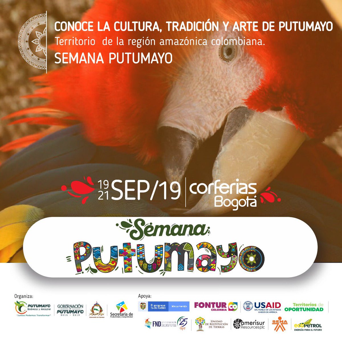 gobputumayo's tweet photo. CONOCE LA CULTURA, TRADICIÓN Y ARTE DE PUTUMAYO 🌳🦋🍃🦜 Territorio de la región amazónica colombiana. #SEMANAPUTUMAYO 🎭🏕🏞🌅Del 19 al 21 de septiembre @sorrelaroca @FNDCol @USAID_Colombia @ECOPETROL_SA @AmerisurResourc @fonturcol https://t.co/cOc5kJAyvt