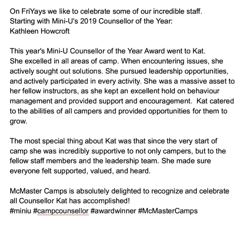 McMasterCamps's tweet photo. On FriYays we like to celebrate some of our incredible staff.
Starting with Mini-U's 2019 Counsellor of the Year:
Kathleen Howcroft
This year's Mini-U Counsellor of the Year Award: Kat
#miniu #campcounsellor #awardwinner #McMasterCamps https://t.co/KwwgsuLb7k