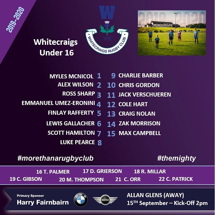 whitecraigsrc's tweet photo. Our Under 16 team for our trip to Allan Glen's this weekend in the Galant Conference. Tough game expected as always.
Good luck teams!
#whitecraigsfamily
#whitecraigs #themighty #morethanarugbyclub #asone #future1stXV https://t.co/TnPIuXWtTY