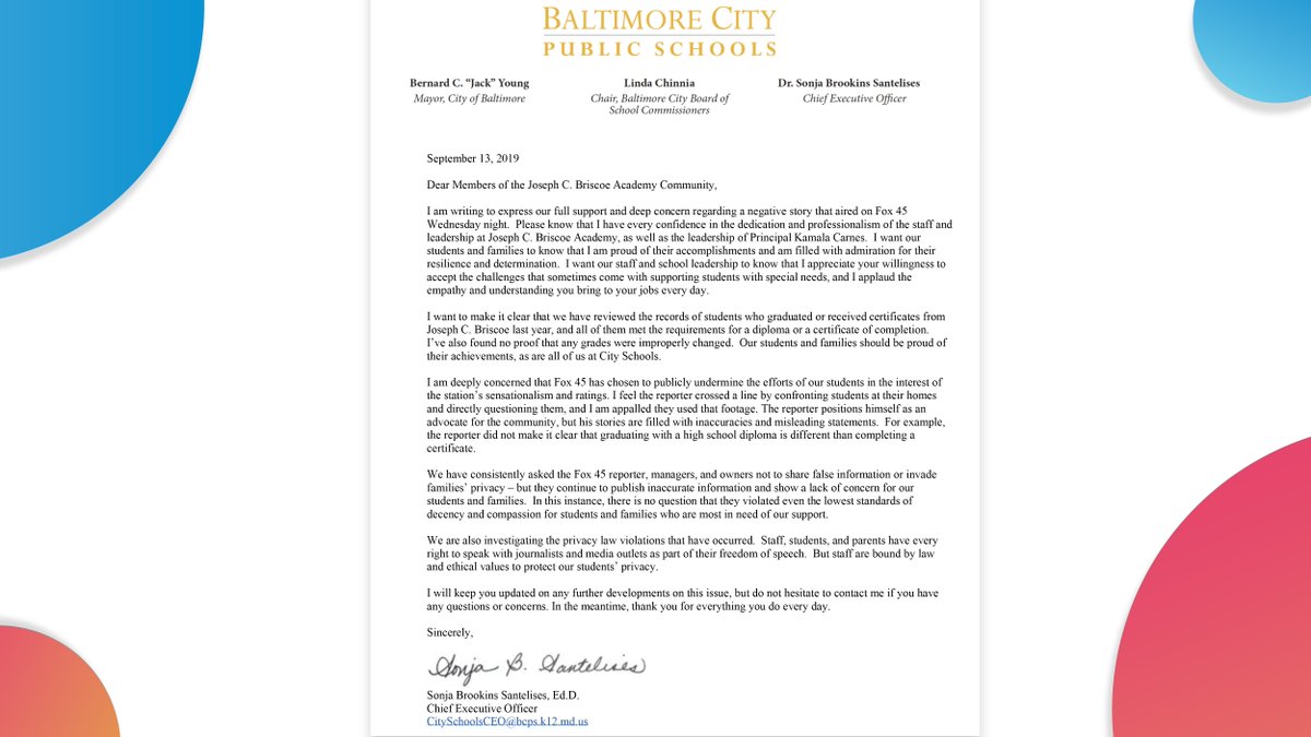 Please read the letter from <a href="/SonjaSantelises/">Sonja Santelises</a> to the Joseph C. Briscoe Academy community about a recent news story that aired about the school. #WeAreCitySchools