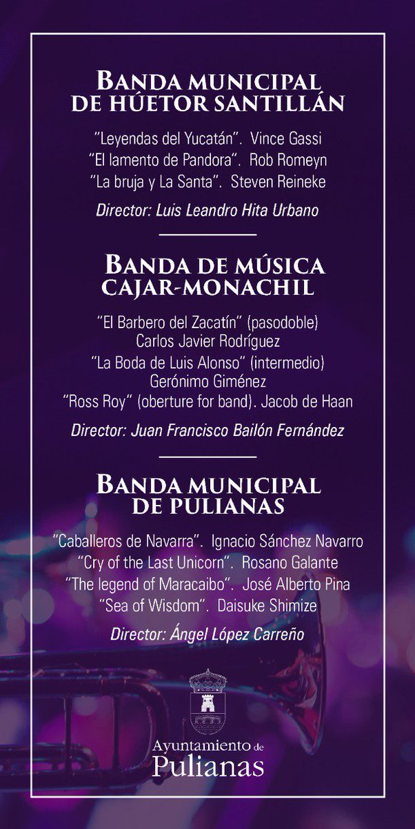 El próximo sábado 21 de septiembre actuaremos en el Certamen de Bandas de Música Ciudad de Pulianas.
Compartiremos un buen rato de música con la Banda de Música de Huétor Santillán y, por supuesto, con la Banda de Música de Pulianas y el público que quiera disfrutar con nosotros.
