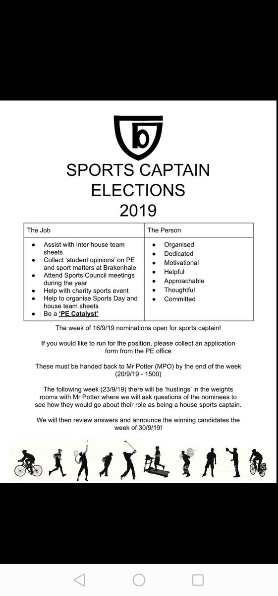 BrakenhalePE's tweet image. 🚨Alert🚨
Next week nominations open for our young people to step up &amp;amp; be counted &amp;amp; run for Sports Captain!
Pupils to pick up an application form from the @Brakenhale PE office. 
Applications to be submitted to the PE office by Friday 20/9/19, 1500.
#studentrep #StudentVoice 👍