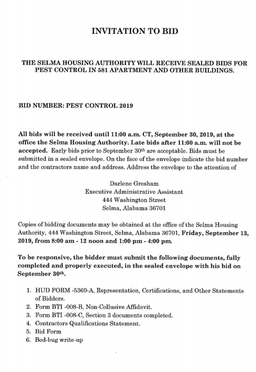 Selma Housing Authority On Twitter Bid Proposal For Pest Control Please Read Bid Thoroughly