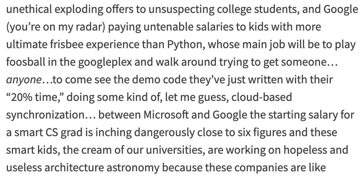 Sorry, Twitter won't allow a quote this long. Summary is that Joel Spolsky is saying that big tech companies pay too much have don't even have work for the people they're hiring to do.