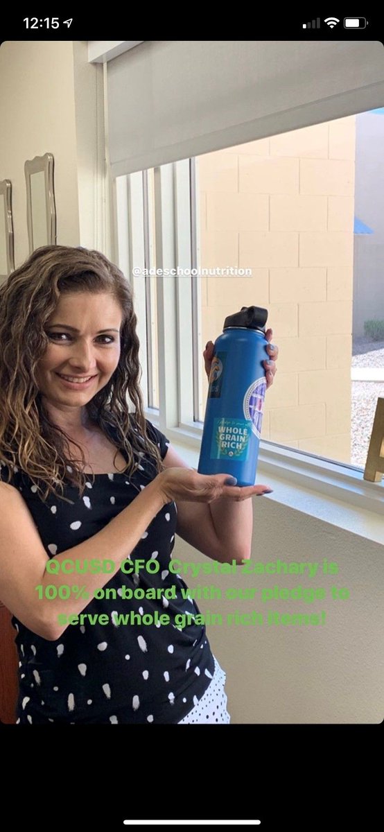 Three cheers and a big shout out to @qcusd_child_nutrition for signing the Whole Grain Pledge! See the QCUSD CFO posing with her Whole Grain sticker on her water bottle! #FuelingAZ