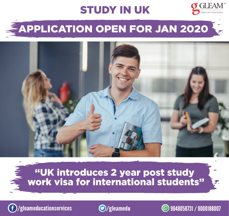 gleamedu's tweet photo. Excellent news for students out to pursue their higher education in the UK. After 7 years UK re instates 2 years Post study visa an option which will now allow students to stay back for 2 years and seek an international work experience. Do contact our team of expertised guidence. https://t.co/ttFYJBEuOB