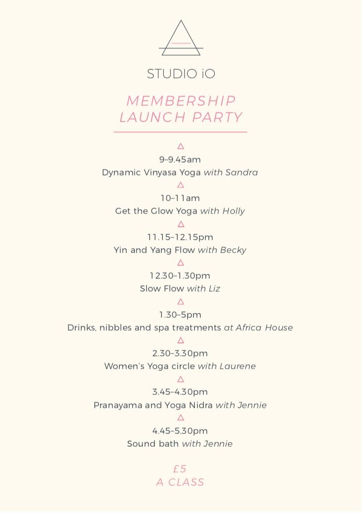 Studio_io's tweet image. Don't miss the @Studio_io Membership launch party. £5 yoga classes all day open to all. Food and drink with the @TheKleenKitchen massages with The Grand Hotel spa and amazing goodies from @Madebycoopers @FormNutrition 
Book your class at studio-io.co.uk