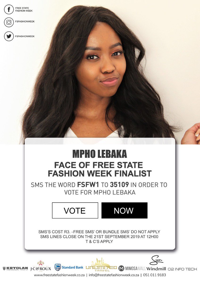 NthatoMusa's tweet photo. SMS FSFW1 to 35109 to vote for @mpholebaka to be the new Face of  @fsfashionweek 2019.
Also, don't forget to buy your tickets at Webtickets or PnP!
#FSFW19 #MimosaMallYourMall #SunWindmill #JCleRoux https://t.co/vXlxVRnc4F