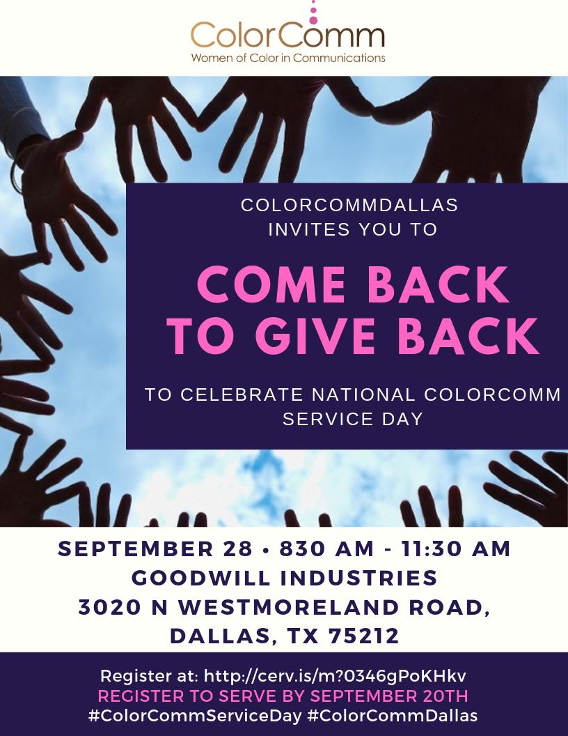ColorCommntwk's tweet photo. DALLAS! Join the women of #ColorCommDallas and @GoodwillDallas for our #ColorCommServiceDay on 9/28. RSVP today...all are welcome! https://t.co/vqSFPKmvZe https://t.co/Kawak6C6o0