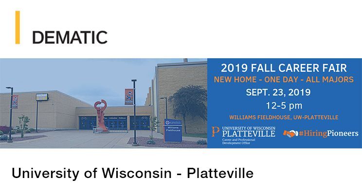 DematicAmericas's tweet photo. Dematic will be at the University of Wisconsin-Platteville fall career fair Monday, September 23 from noon to 5pm. Come see us at Booth 119 to discuss launching your career with a global leader in intralogistics and material handling! #DematicJobs #HiringPioneers https://t.co/jugyi1m5OB