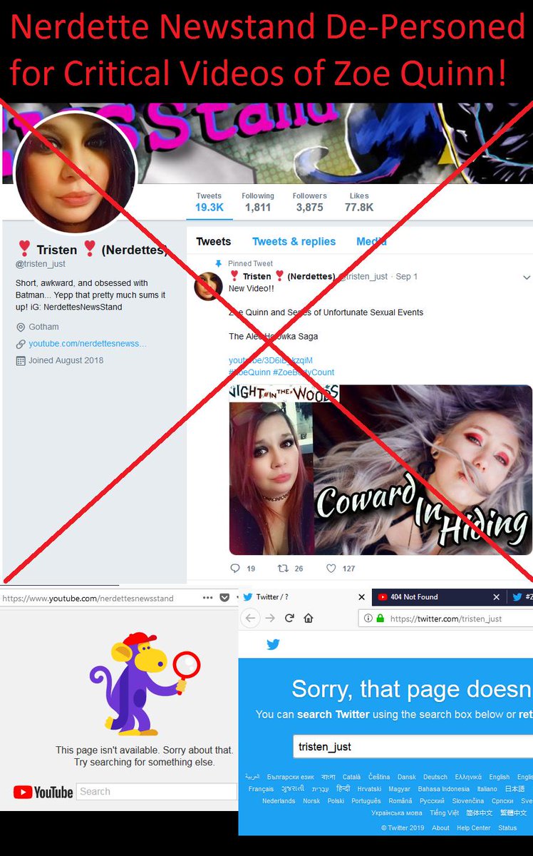 ANHEDONISM's tweet photo. Nerdette Newstand (@tristen_just) has been depersoned / cancelled for criticizing Zoe Quinn for her LIES. Quinn kills online personas, as well as human beings like AlecHolowka with her lies! #zoequinnmurderer #ZoeBodyCount #AlecHolowka #CancelCulture @TheQuartering @YesThatAnna https://t.co/04fxP63JUL