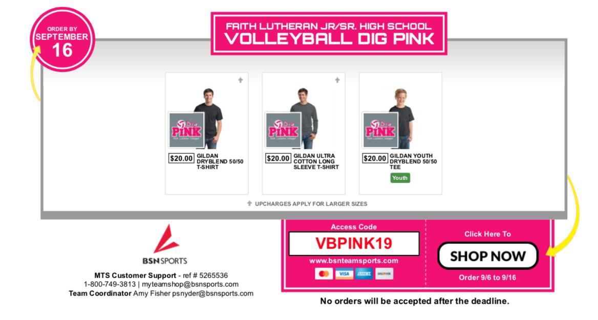 Help us raise money for our Dig Pink match in October and fight breast cancer!  Buy a shirt!  It will be a "Pink Out" for the game on October 28th!