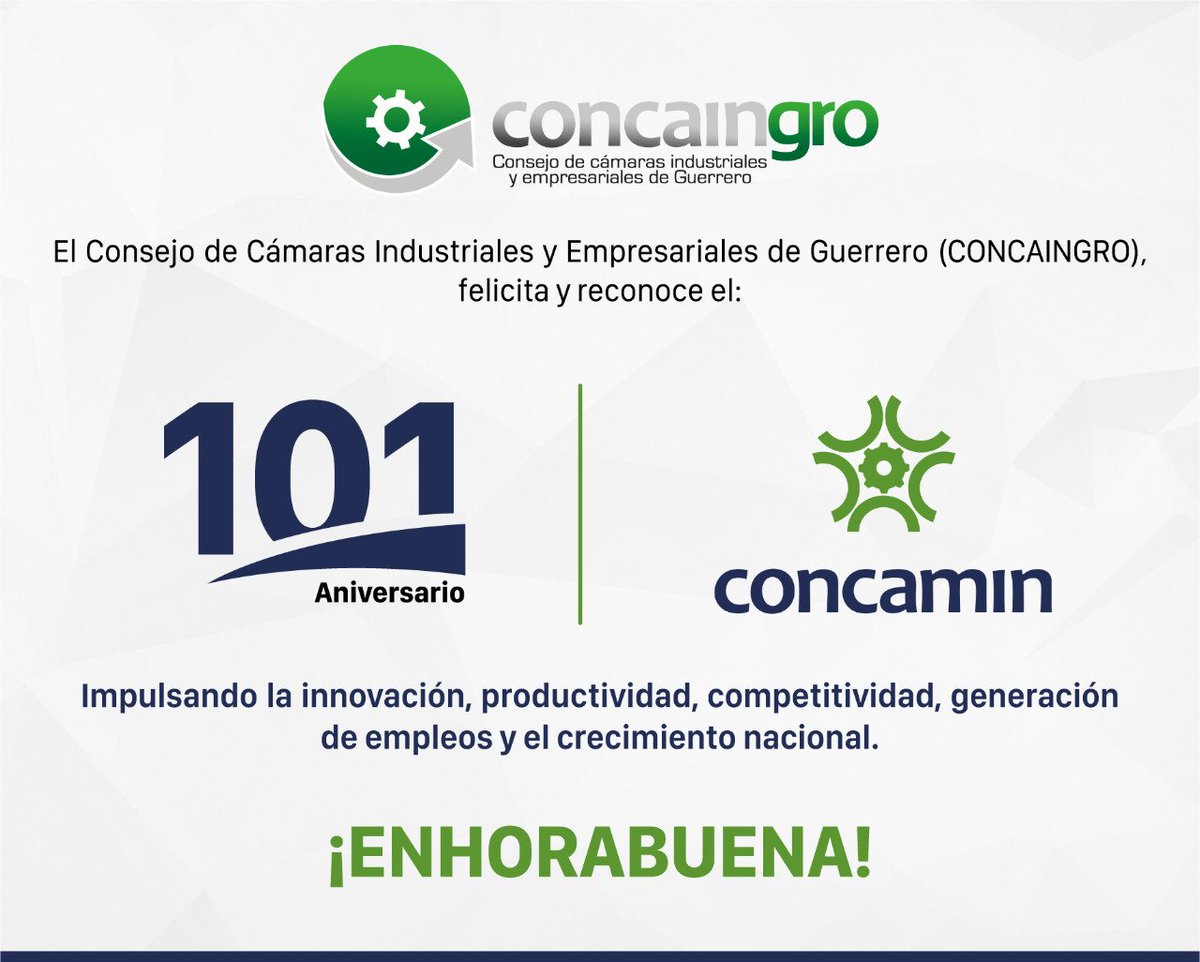 CCEGRO_oficial's tweet photo. CONCAINGRO felicita y reconoce a @CONCAMIN por su 101 Aniversario. ¡ENHORABUENA!
@CONCAMIN
#CONCAINGRO https://t.co/2OBGpXJyZ5