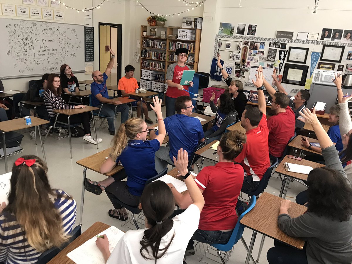 RHallRockstars's tweet photo. While at lunch, the teachers of R Hall get a lesson in Literacy from the newly honored Dr. Begbie. #RedandblueFridays #community #literacy #RHall>GBHall https://t.co/tdIPtkAbYk
