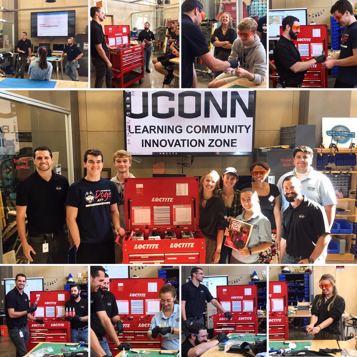 UConnLCIZ's tweet photo. We are excited for our new collaboration with @Henkel who donated a new Adhesives Cart to the LCIZ Makerspace! Our staff enjoyed the “bonding” time with the representatives and can’t wait to share what they learned with our Makers! #stickingtoit #henkeladhesives #makeuconn https://t.co/ct3APtD2ir