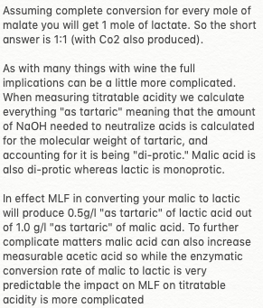 EnoQuestions's tweet photo. Great question for those already finished with primary fermentation! #MLF #EnoQuestions #winemaking

Question: What is the conversion ratio of malic acid to lactic acid during MLF?

Answer: https://t.co/BmDUSNZPQx