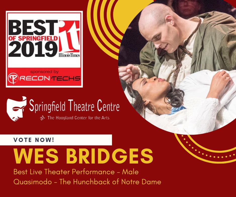 SpringfieldThe3's tweet image. The voting has begun for the @ILTimes Best of Springfield 2019. We are honored to our very own Wes Bridges nominated for Best Live Theater Performance - Male for his portrayal of Quasimodo in the Hunchback of Notre Dame this past April. Vote here!⬇️

illinoistimes.com/bestofspringfi…