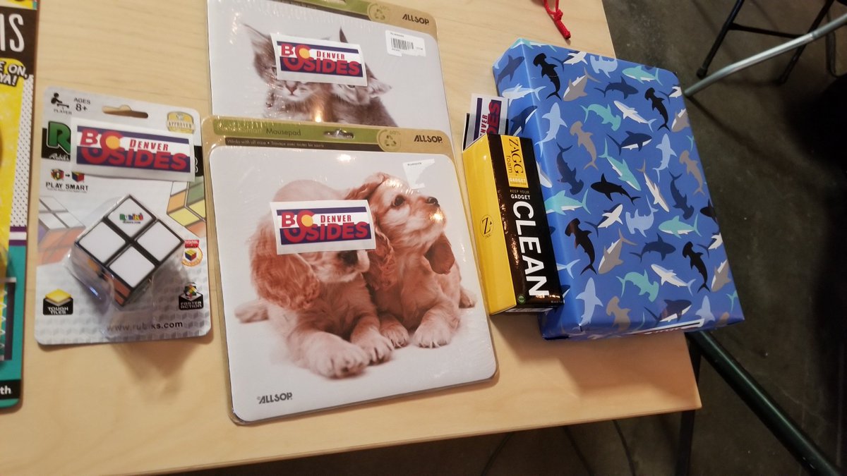 attritionorg's tweet photo. The @BSidesDEN raffle was a success! Warez distributed. #bsidesden https://t.co/UUI6cQeG8e
