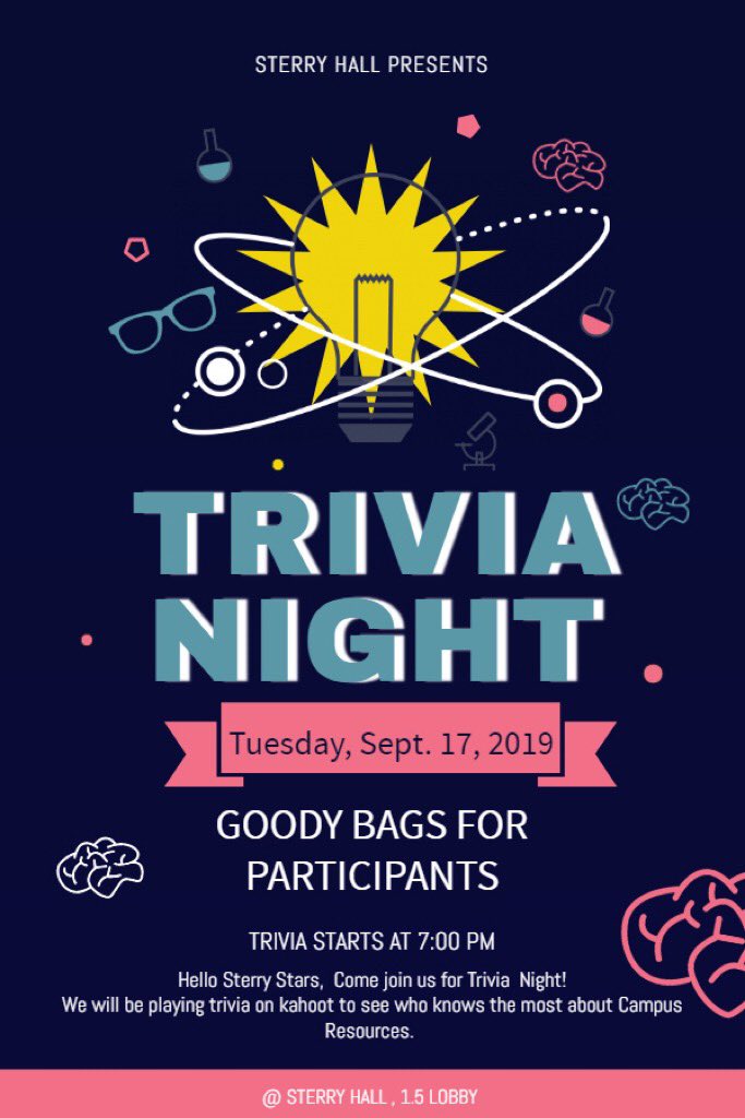 Have a blast with a Trivia Night at Sterry! This trivia will test your knowledge on if you know your campus resources! Tuesday at 7!! See you there Sterry Stars 🌟