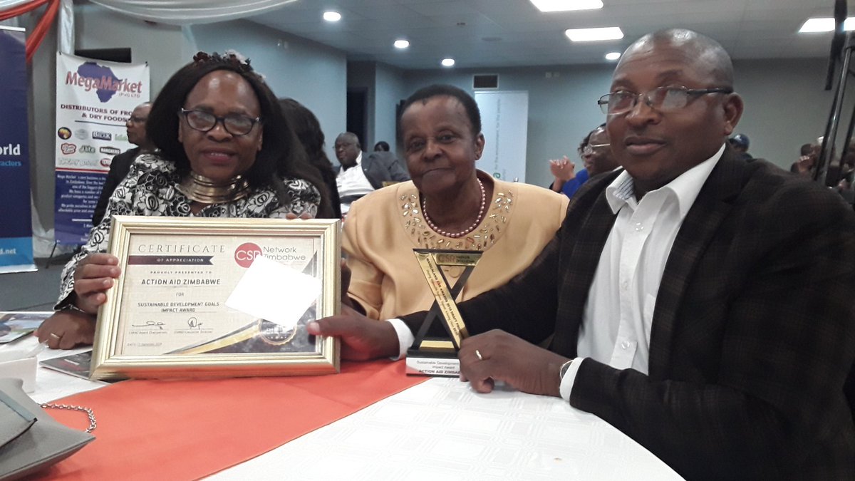 ActionAidZim's tweet photo. We are humbled to receive the Award for best NGO for implementing Sustainable Development Goals in communities of Manicaland in particular our impact on #CycloneIdai Response in Chimanimani under the CSR NetworknZimbabwe 2019 Responsible Business Awards for Manicaland https://t.co/J7j6CG4F0j