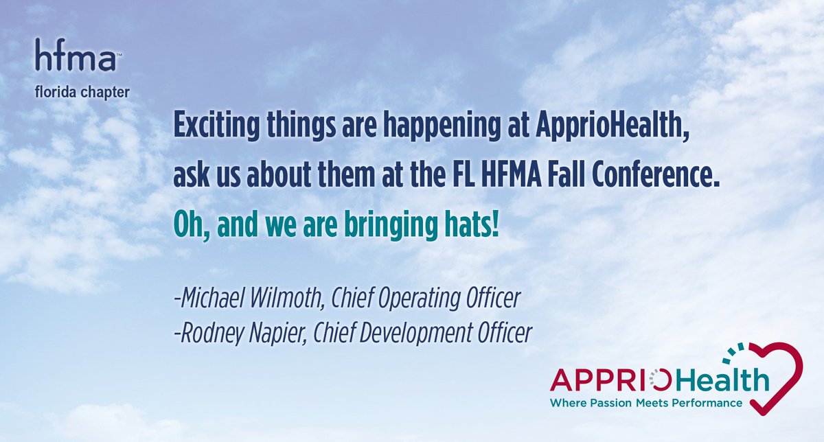 ApprioHealth's tweet photo. Proud sponsors of the FL HFMA Fall Conference! 
#appriohealth #hfma #HFMAFL #revenuecycle #whereisyourhat
#appriohealth #hfma #HFMAFL #revenuecycle #whereisyourhat https://t.co/NqvChNCUuf