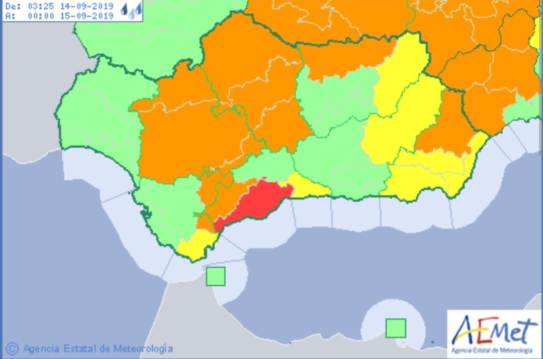 ¡MÁXIMA PRECAUCIÓN! La #AEMet activa el AVISO ROJO en #Sol y #Guadalhorce hasta las 05:00 horas por 70mm en 1 hora.