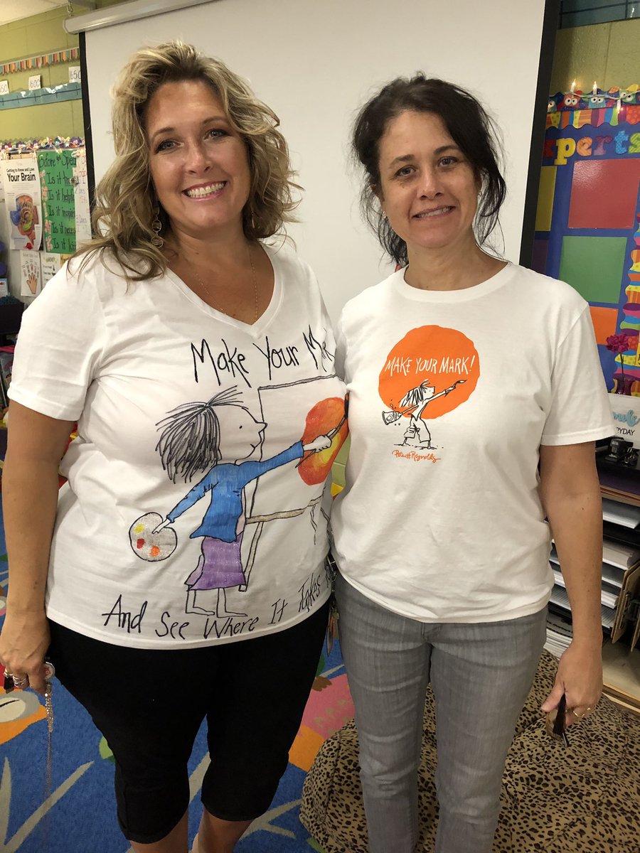 JenniBOverbay's tweet photo. Such a fun day celebrating Dot Day! ❤️ We read the beautiful story, and sang along to the song as we made a picture with a dot, made a dot without making a dot, and painted our own dot pictures. Renee and I were in the spirit with our cute shirts. #wmeStars @YCSD 💜🌟 https://t.co/Gg7JZlsF7x