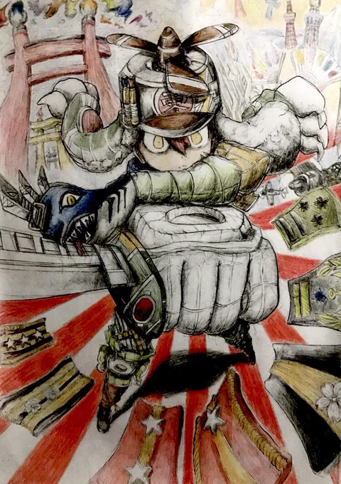 グンジ絵軍(かいぐん)軍曹。防寒マフラーに、物に着彩すると生命を吹き込む絵の具(ライフペイント)を着彩して自らの手の代わりにし、そこから軍用ナイフをマフラーハンドの先から分離生成。マフラー生物の名前は鮫野ガフ(画布が由来)。この鮫マフラーは銃・刀・戦車・戦闘機様々なものに変身 