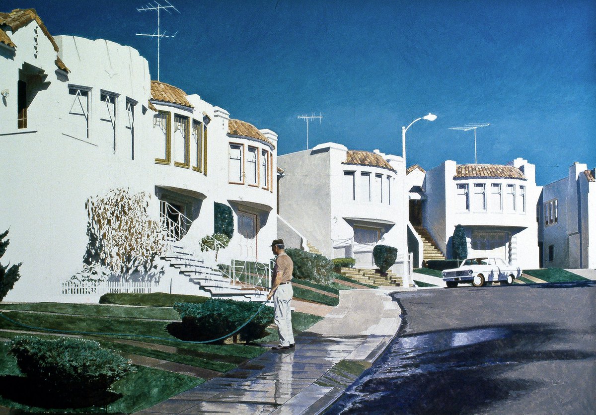 SFOMuseum's tweet photo. #RobertBechtle’s early work was as a Bay Area figurative painter, but in the 1970s, he received national acclaim as a Photorealist. Shown here is Benton Street in #SanFrancisco, one of the familiar local neighborhoods Bechtle frequently paints. https://t.co/Exr4TSUHDQ #publicart https://t.co/Rt9J2zCAGe