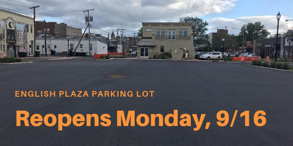 As scheduled, final paving coat was put on the #EnglishPlaza parking lot today; layer must cure 48 hours before vehicles allowed. Striping of the parking spaces, crosswalks, and other safety features will be painted on 9/14. Lot will open for use on Monday, 9/16. <a href="/ENGenuityNJ/">ENGenuity</a>