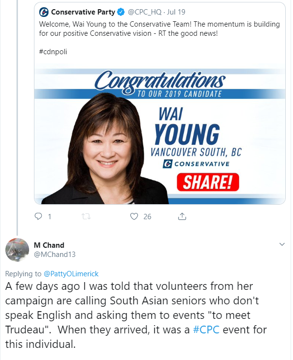 @HarjitSajjan @liberal_party This woman 👉#WaiYoung, doesn't know how to tell the truth! 😒 #elxn43 #VoteNoCPC #cdnpoli