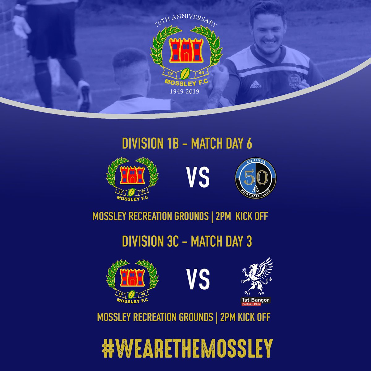 FcMossley's tweet photo. Both teams in home action tomorrow.

Firsts take on Aquinas at 2pm ⚽️

Seconds take on 1st Bangor at 2pm ⚽️ 

🔵⚪️

#wearethemossley https://t.co/hS3JmwivAi
