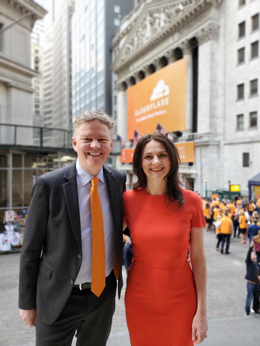 WHAT A DAY! Today, <a href="/eastdakota/">Matthew Prince 🌥</a> and I took Cloudflare public on the New York Stock Exchange. Amazing celebrating this milestone with our team around the world, former team members, investors, friends and our families who have supported us along the way. $NET