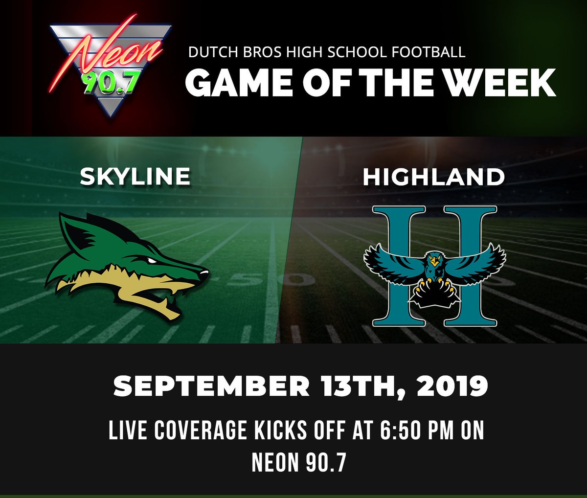 davejuday's tweet photo. Pulse Sports presents the @dutchbrosaz Friday Night High School Football "Game of the Week" on @NeonRadio! We're in Gilbert, where Highland hosts Skyline. @EVITnews Radio students Jimmy Watters, Justin Rombough, JD Lane &amp; Derek Montgomery have the call starting at 7pm on 90.7 FM! https://t.co/dcFNm5B4tM