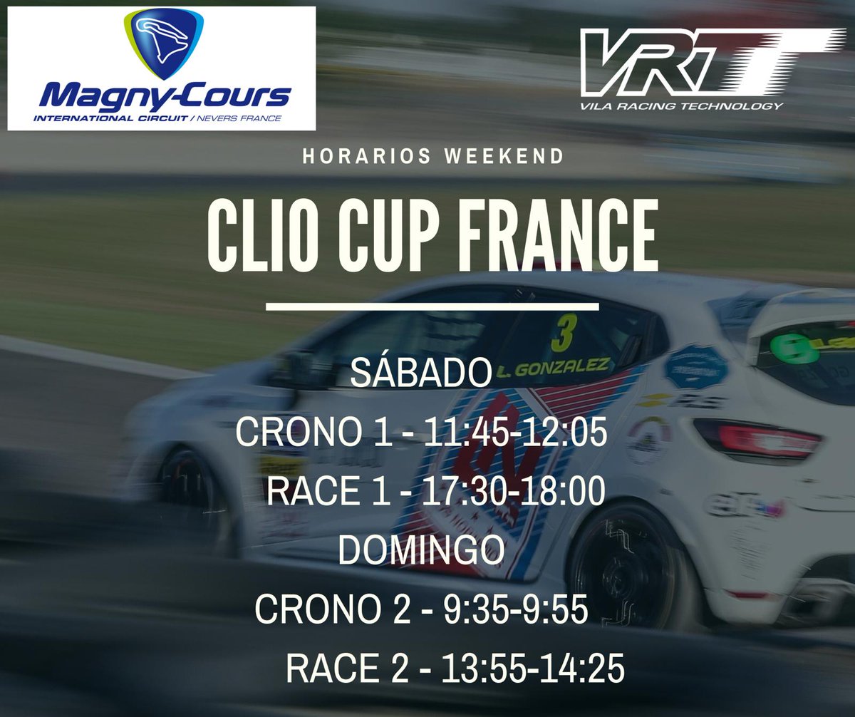 Let's go??? Mañana empieza la fiesta! <a href="/luisgonzalez/">Luis Gonz@lez</a> a los mandos de <a href="/RenaultSport/">Meganeazul Azul</a> clio cup, en el trazado <a href="/MagnyCoursTrack/">Circuit Magny-Cours</a> donde se disputará el penúltimo meeting de la Clio Cup Spain y France. <a href="/Michelin_Sport/">Michelin Motorsport</a> @PrensaRENAULT <a href="/codonysport/">codonysport</a> <a href="/AUTOhebdoSPORT/">AUTOhebdoSPORT</a> <a href="/SPG_Talleres/">SPG Talleres</a>
