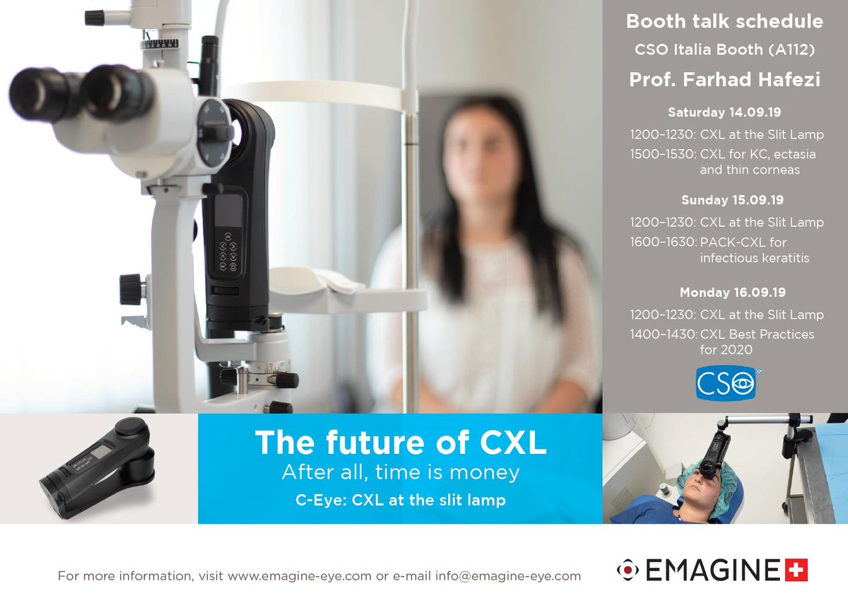 Farhad_Hafezi's tweet photo. Join @Farhad_Hafezi at Booth A112 (CSO Italia) for his C-Eye Booth Talk: “CXL for KC, ectasia and thin corneas” from 1500–1530 today
#escrs19 #escrs2019 #cxl #keratoconus #ectasia #slitlamp #cornea #terriens #pellucid # marginal #degeneration #postLASIK @ELZA_Institute https://t.co/QmnqN8SAyC