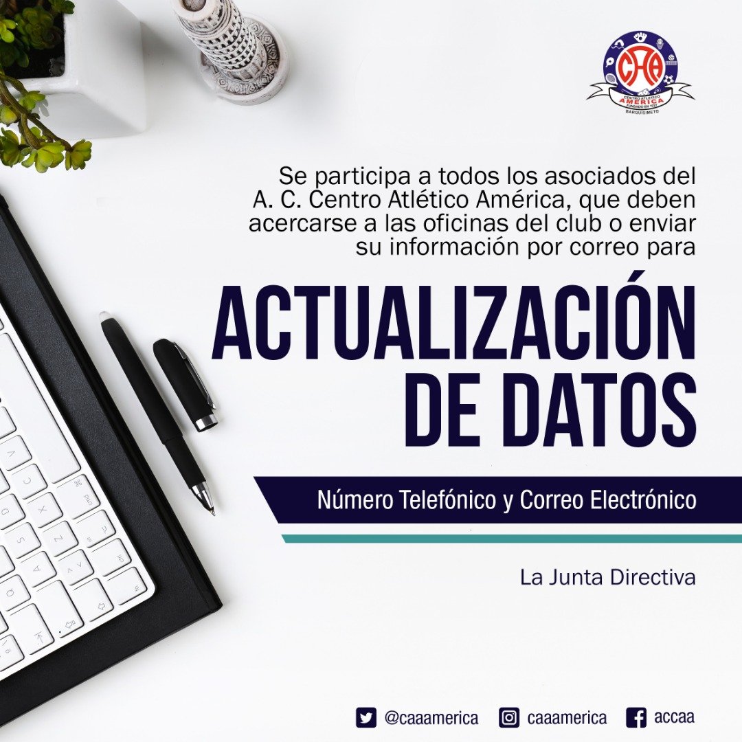 CAAAMERICA's tweet photo. Todos nuestros socios que necesiten actualizar su información deben acercarse a nuestras oficinas o enviarla al correo centroatleticoclubamerica@gmail.com https://t.co/LiT1syZvA4