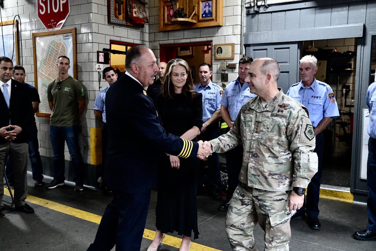 FDNY's tweet photo. Thank you, @USAirForce General Jeffrey Harrigian, for presenting a flag and certificate to #Engine28 and #Ladder11 in remembrance of US Air Force Master Sgt. and FDNY Lt. Christopher Raguso; and US Air Force Major and FDNY Fire Marshal Christopher “Tripp” Zanetis. https://t.co/PYGc7rEY65