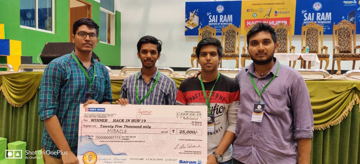 kcgcse's tweet image. Kudos to the whole team!#Finalyear #CSE_Students #Ram Sankar,Sai Manjunath,Rangaraj and Vishal #first prize #HACK IN HUB 19 #13-09-2019 #Sri Sai Ram Engg College @KCG #kcgcollege #AnnaUniversity #College #ComputerScience @KCGtechnology.